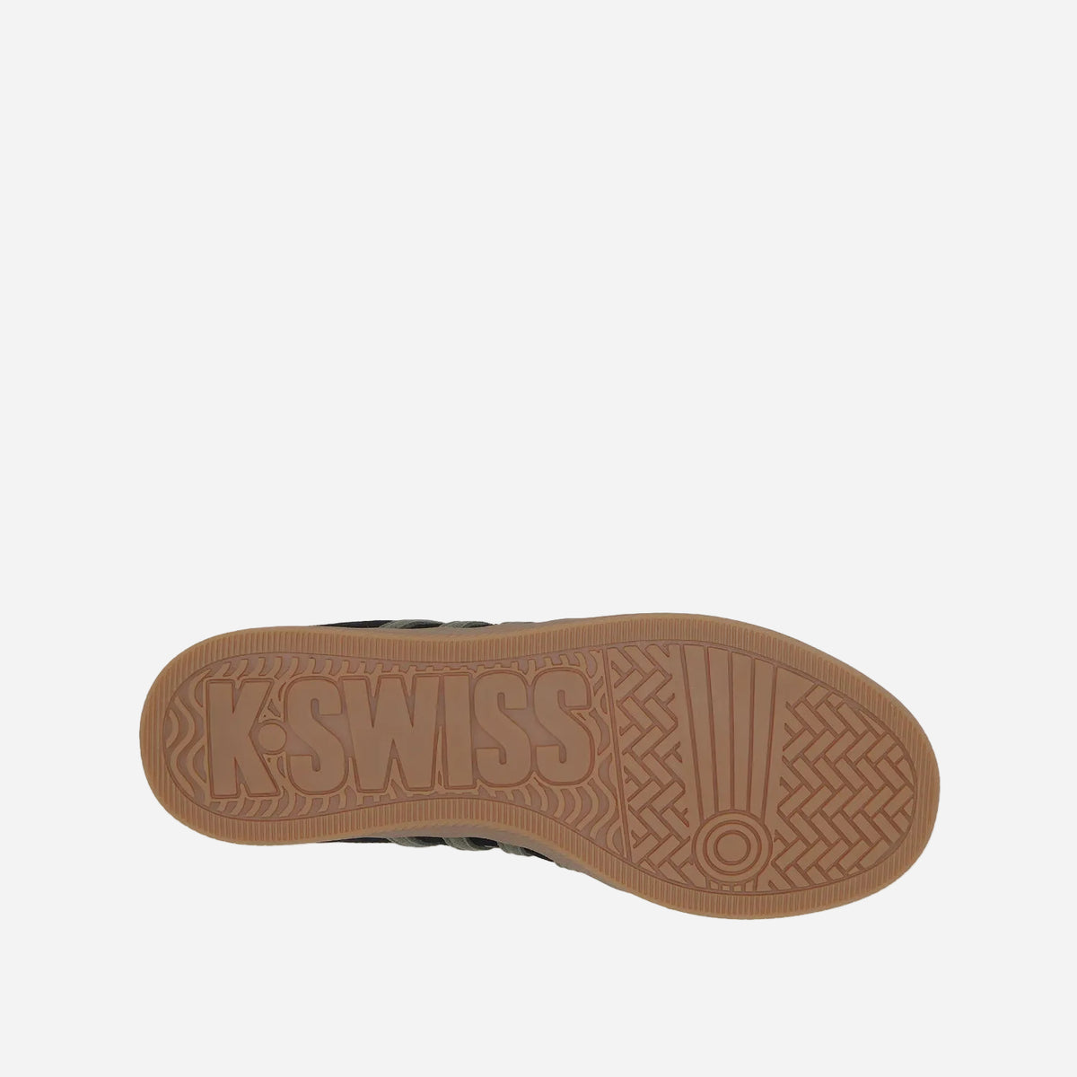Black sneaker with brown sole on a white background
