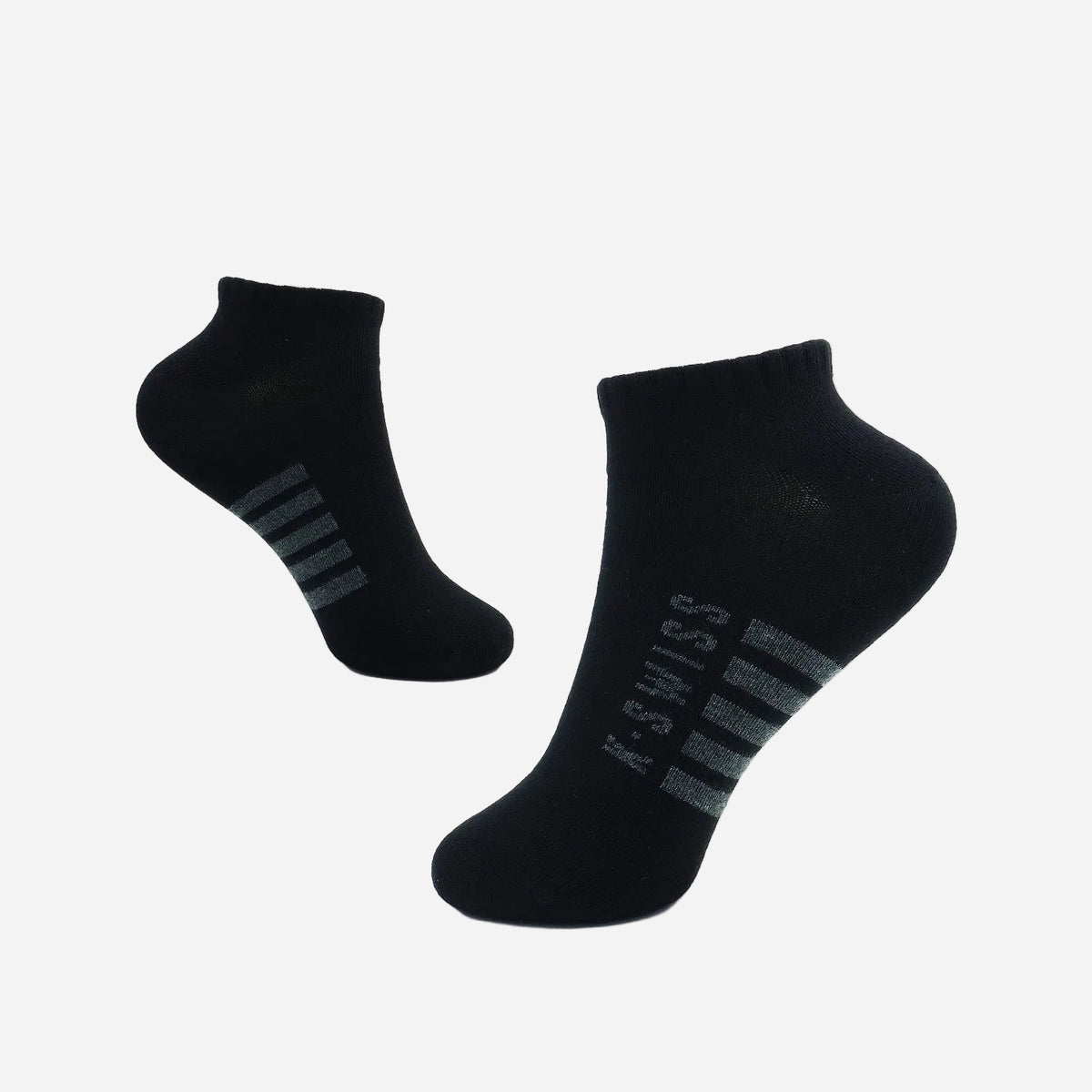 Three pairs of socks in black, gray, and white with a brand logo on a white background