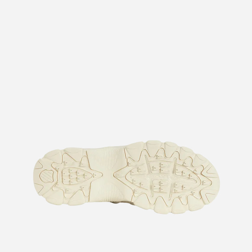 A pair of women's sneakers in white with a suede upper and a rubber outsole.