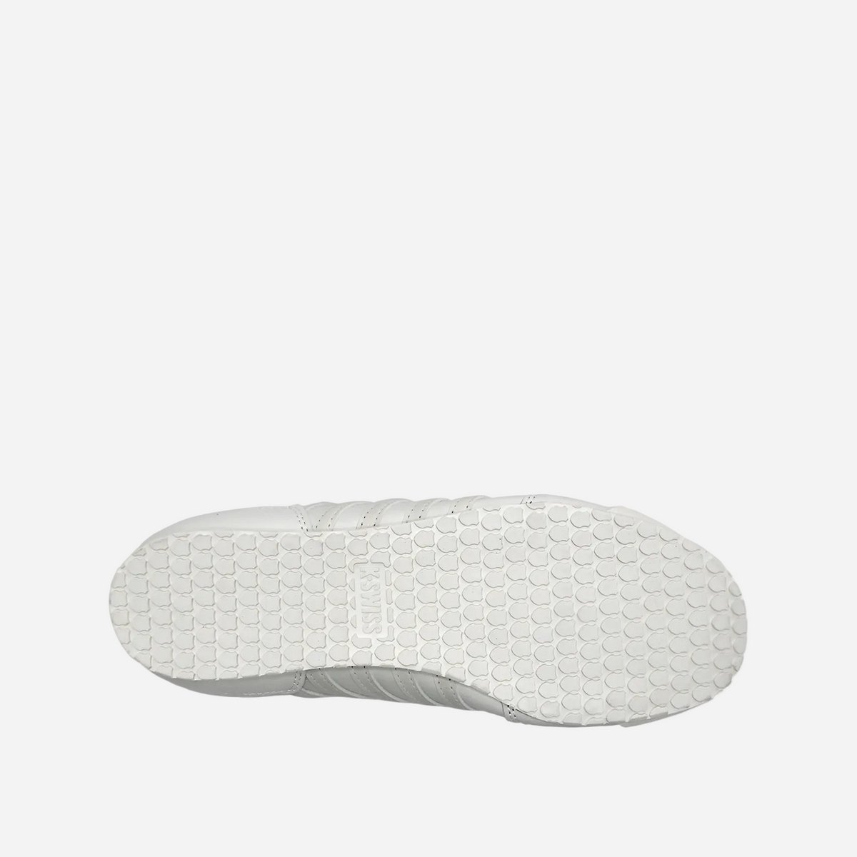 A pair of white and gray K-Swiss Yazuke Low women's shoes with a rubber outsole.